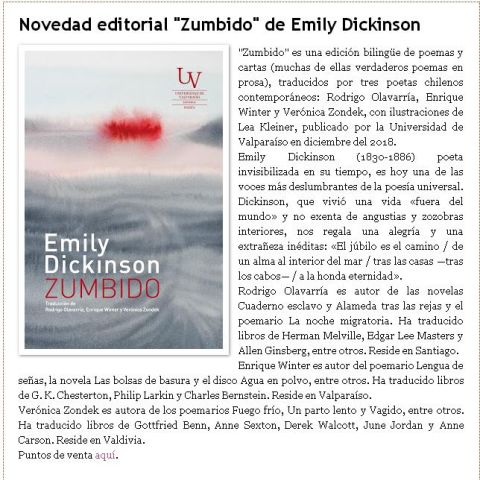 Novedad editorial "Zumbido" de Emily Dickinson