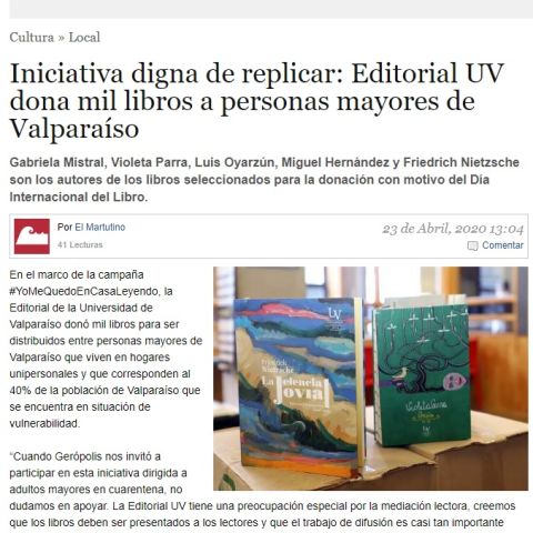 Iniciativa digna de replicar: Editorial UV dona mil libros a personas mayores de Valparaíso