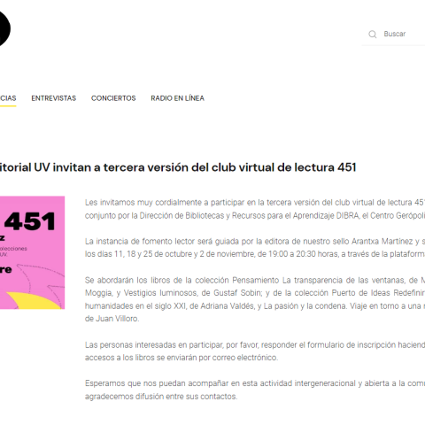 Centro Gerópolis y Editorial UV invitan a tercera versión del club virtual de lectura 451