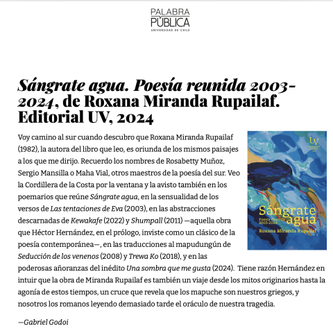 «Sángrate agua», de Roxana Miranda