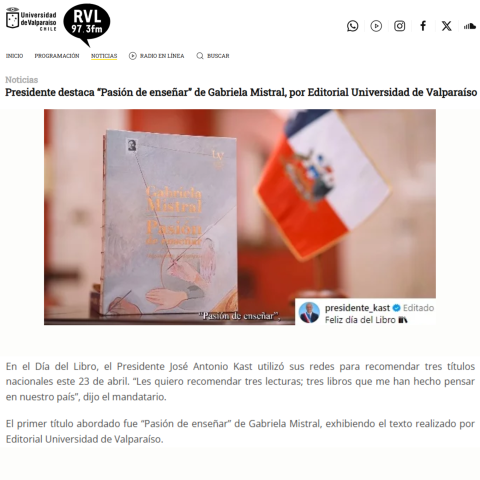 Presidente destaca “Pasión de enseñar” de Gabriela Mistral, por Editorial Universidad de Valparaíso