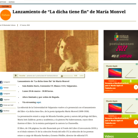 Lanzamiento de “La dicha tiene fin” de María Monvel