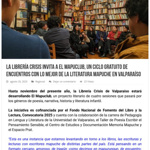 La Librería Crisis invita a El Mapuclub, un ciclo gratuito de encuentros con lo mejor de la literatura mapuche en Valparaíso