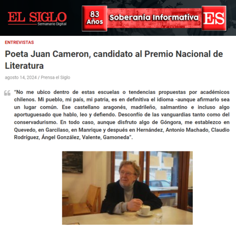 Poeta Juan Cameron, candidato al Premio Nacional de Literatura