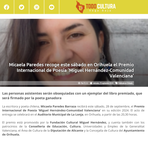 Micaela Paredes recoge este sábado en Orihuela el Premio Internacional de Poesía ‘Miguel Hernández-Comunidad Valenciana’