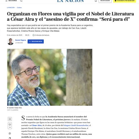 Organizan en Flores una vigilia por el Nobel de Literatura a César Aira