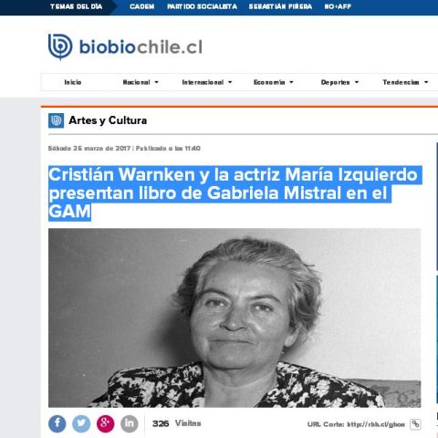 Cristián Warnken y la actriz María Izquierdo presentan libro de Gabriela Mistral en el GAM