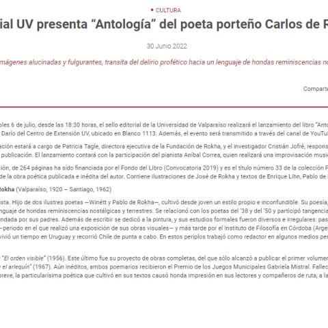 Editorial UV presenta “Antología” del poeta porteño Carlos de Rokha