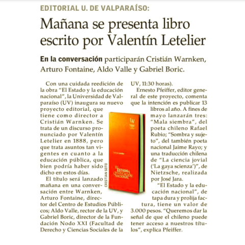 Mañana se presenta libro escrito por Valentín Letelier