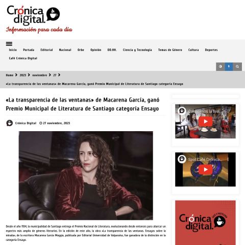 «La transparencia de las ventanas» de Macarena García, ganó Premio Municipal de Literatura de Santiago categoría Ensayo
